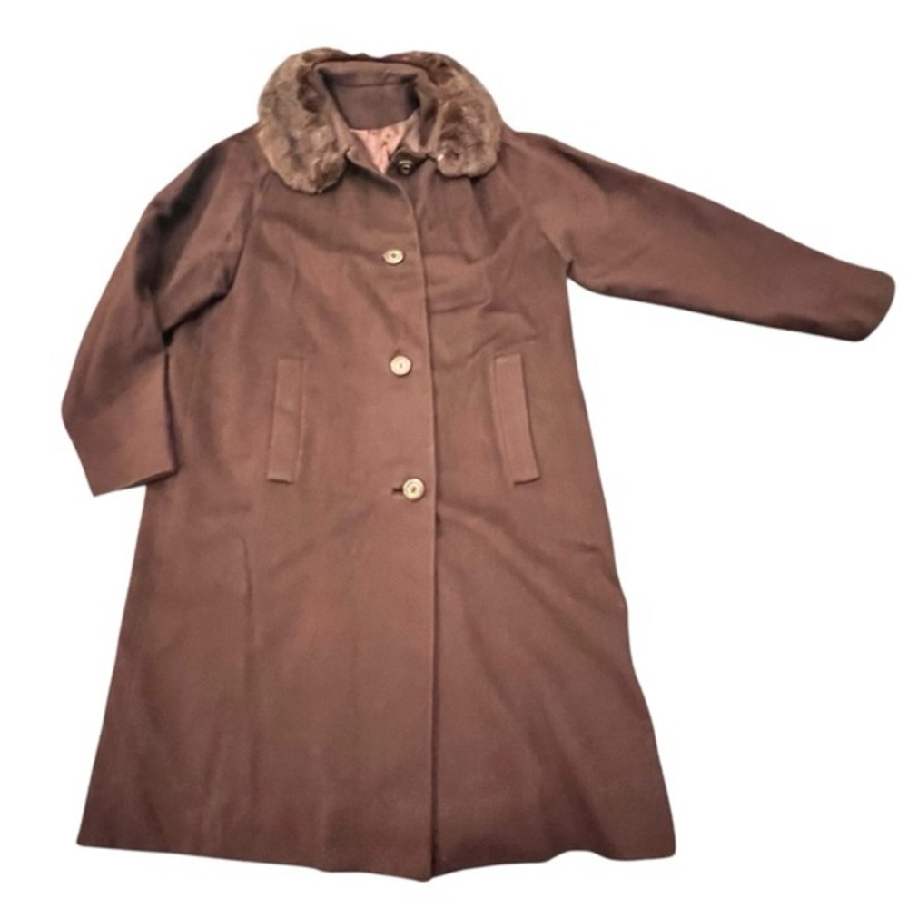 Vintage‎ Women’s Wool Blend Long Coat Union Made Brown Faux Fur Collar Size Med